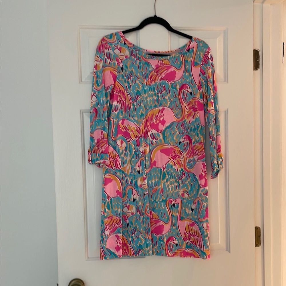 Flamingo Print Dress - Pink and Blue